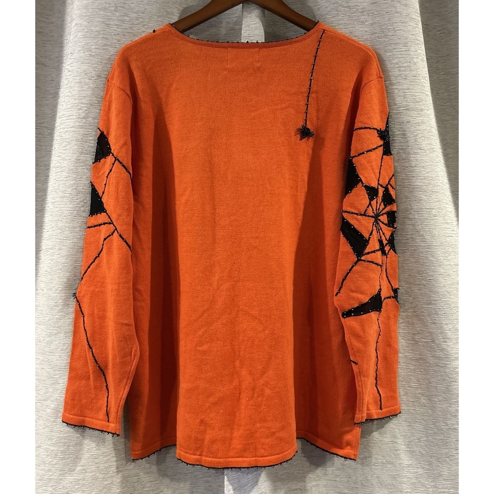 Vintage Quacker Factory Halloween Beaded spiderweb Orange Cardigan Sweater sz 1X - Picture 4 of 6